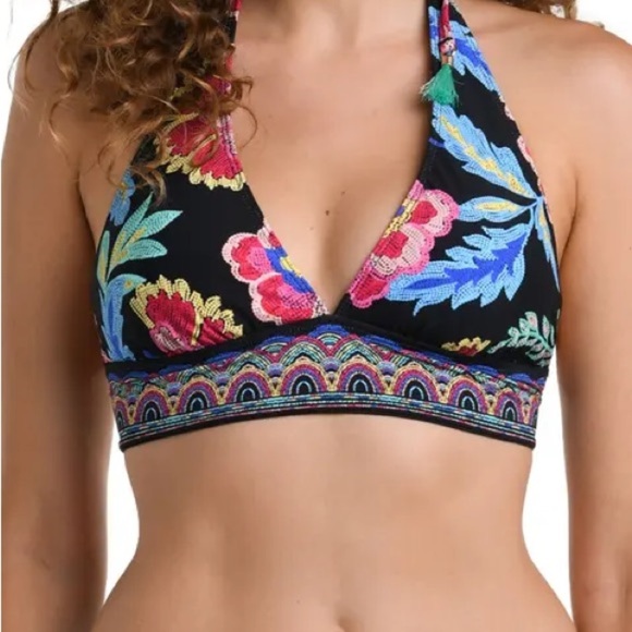 La Blanca Halter Bikini Top Black Multi Floral Embroidered Swimwear Size 12 NWT - Picture 1 of 6